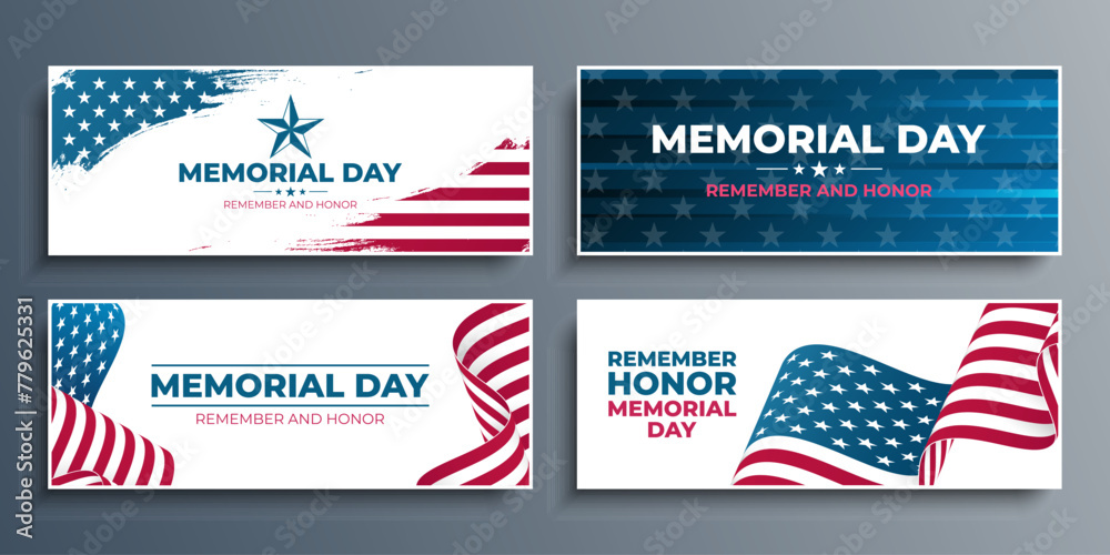US Memorial Day celebration set. Horizontal banners with waving American flag, hand lettering and brush strokes. American national holiday. Vector illustration.
