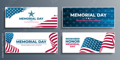 US Memorial Day celebration set. Horizontal banners with waving American flag, hand lettering and brush strokes. American national holiday. Vector illustration.