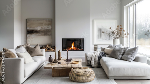 Luxurious Scandinavian Living Room with Cozy Fireplace  Plush White Sofa  Soft Wool Rug  and Modern Artwork 