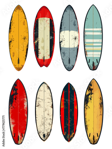 Surfboards grunge texture vintage old wood boards for beach surf sea sport set vector illustration