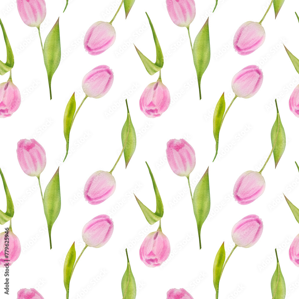 Watercolor spring pink tulips pattern.