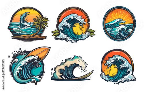 Surfing logos surfs vintage badges surfboard sea ocean waves sunset palm trees emblems set vector illustration