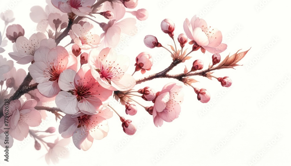 Delicate cherry blossoms in full bloom illustrated on a branch, with a soft white background enhancing the pink tones.