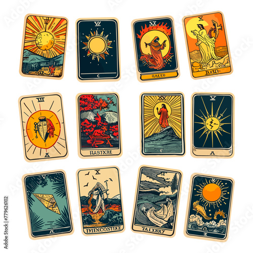 Tarot cards cartoon design, astrology occult magic mystery sun symbol spiritual witchcraft card set vector illustration