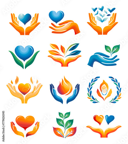 Volunteering logo set, volunteer hands holding heart or leaf, people care human help charity assistance eco nature protection donation concept vector illustration