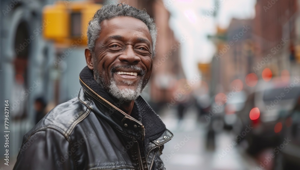 Urban Elegance: Joyful Senior Man's Vibrant Smile on the City Streets Generative AI.