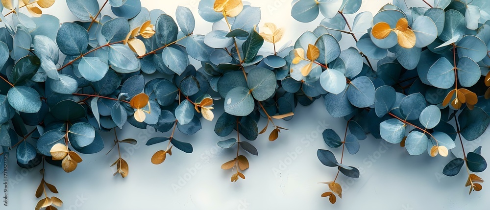 Watercolor painting of eucalyptus branches with green and gold leaves ...