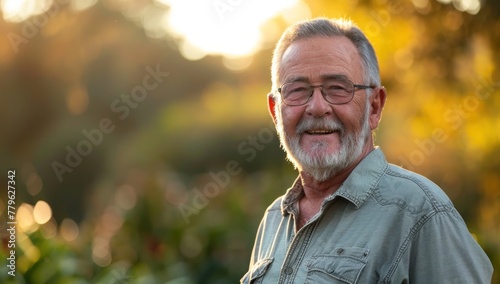 Sunset Serenity: Smiling Senior Man Embraces Golden Hour - Generative AI.