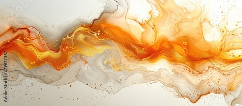 A closeup painting of fluid amber and peachcolored waves on a white canvas, creating a mesmerizing pattern resembling a landscape in motion