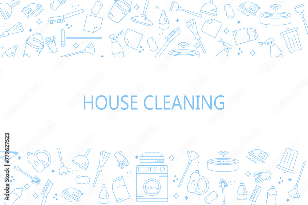 Vector background on the theme of cleaning or cleaning service. Vector blue icons on a white horizontal background.