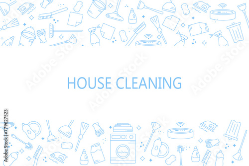 Vector background on the theme of cleaning or cleaning service. Vector blue icons on a white horizontal background. © Vovmar