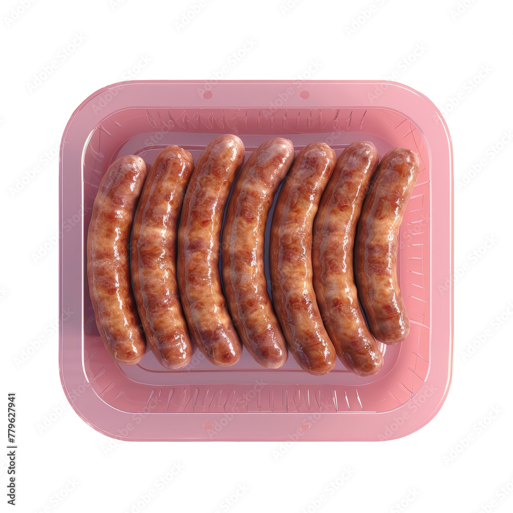 Five sausages in plastic container on pink tray Five sausages in plastic container on pink tray