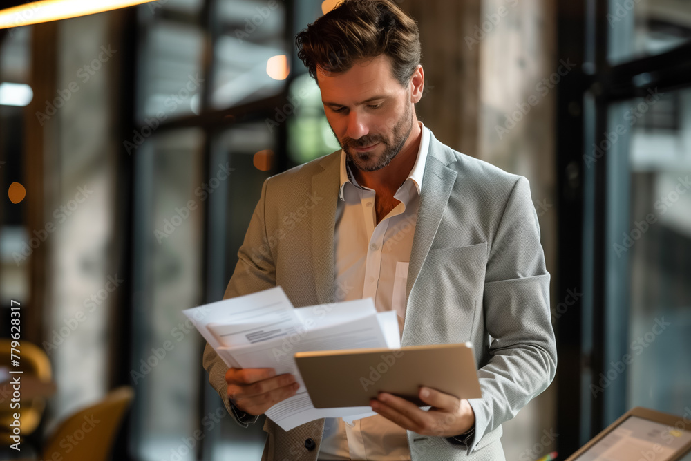 custom made wallpaper toronto digitalBusinessman in smart casual standing near his desk in modern office with natural light, working and reading on tablet from his work table