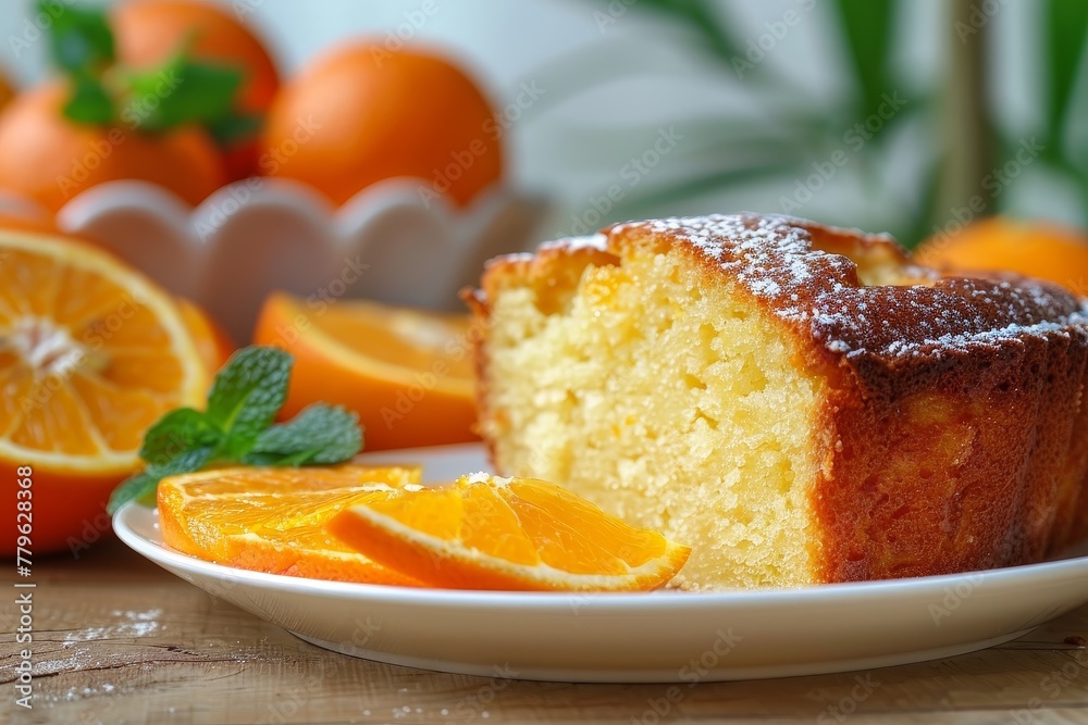 Moist orange pound cake with orange slices and whole pie in background perfect for breakfast or classic English tea Recipe for orange loaf included Moist orange pound cake with orange slices and whole pie in background perfect for breakfast or classic English tea Recipe for orange loaf included