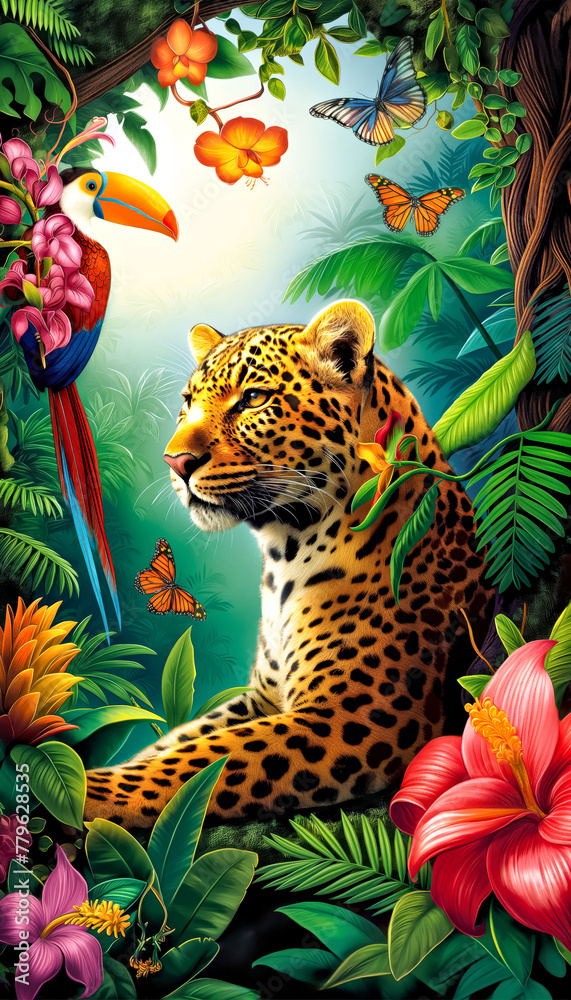Naklejka premium A colorful jungle scene with a leopard, birds and flowers. Concept of peace and tranquility in the midst of nature