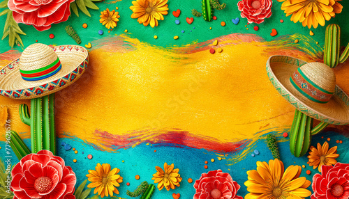 Cinco De Mayo concept with a cactus and a sombrero. Mexican holiday traditions, colors mexican flag.