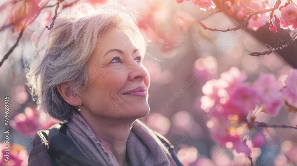 Fototapeta premium Spring Reverie: Elegant Senior Lady Amidst Blossoming Cherry Trees - Generative AI