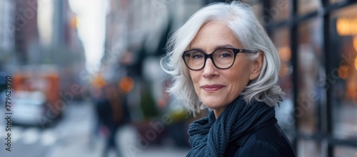 Urban Elegance: Graceful Senior Woman Amidst City Lights - Generative AI