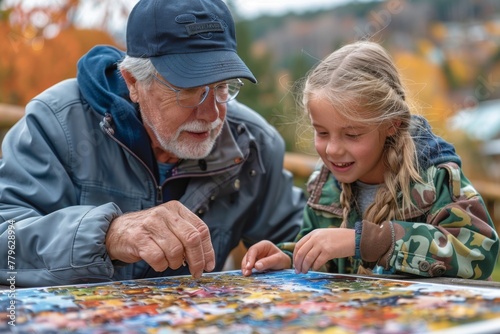 A grandparent and grandchild share a moment of bonding over a colorful puzzle. photo