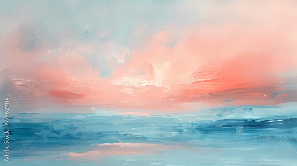 Muted coral and sky blue merge in a subtle and calming abstract display, capturing the essence of a serene sunrise.
