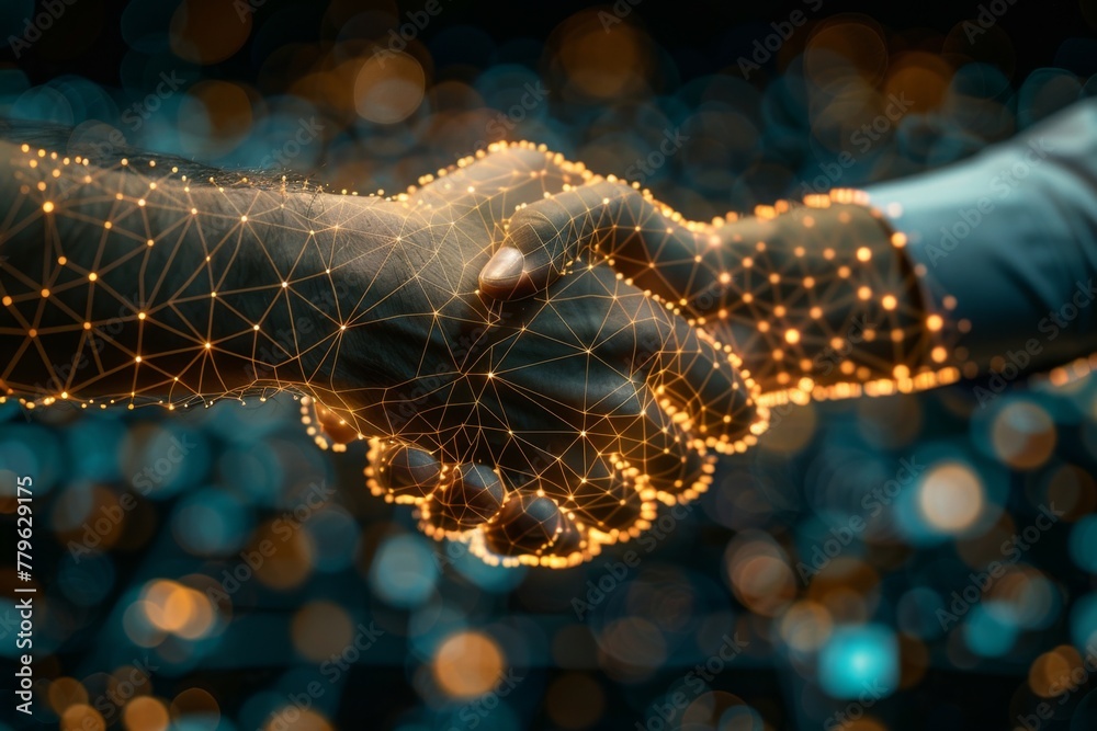 Two hands engaged in a handshake, overlaid with a glowing digital network pattern. Two hands engaged in a handshake, overlaid with a glowing digital network pattern.