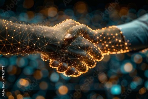 Two hands engaged in a handshake, overlaid with a glowing digital network pattern.