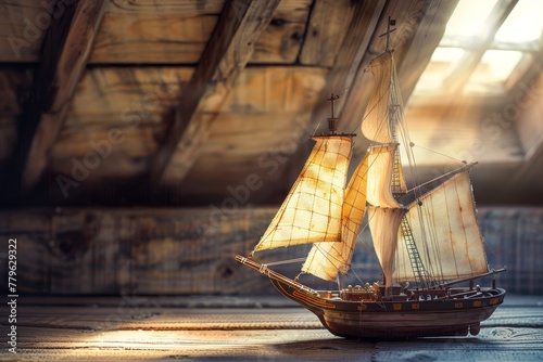 Old naval ship model in attic with aged canvas sails and dim lighting