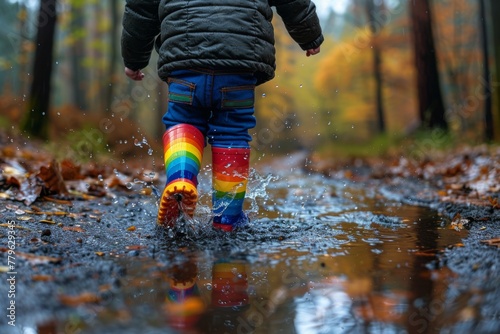 Colorful rain boots splashing in a puddle with beads of water flying around.