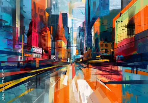 Dynamic compositions capturing the hustle and bustle of city life, with bold colors, sharp lines, and abstract representations of skyscrapers, streets, and urban landscapes photo