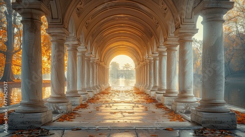 Mystical autumn colonnade at sunrise photo