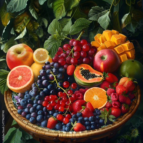 A tray of fresh  brightly colored summer fruits.