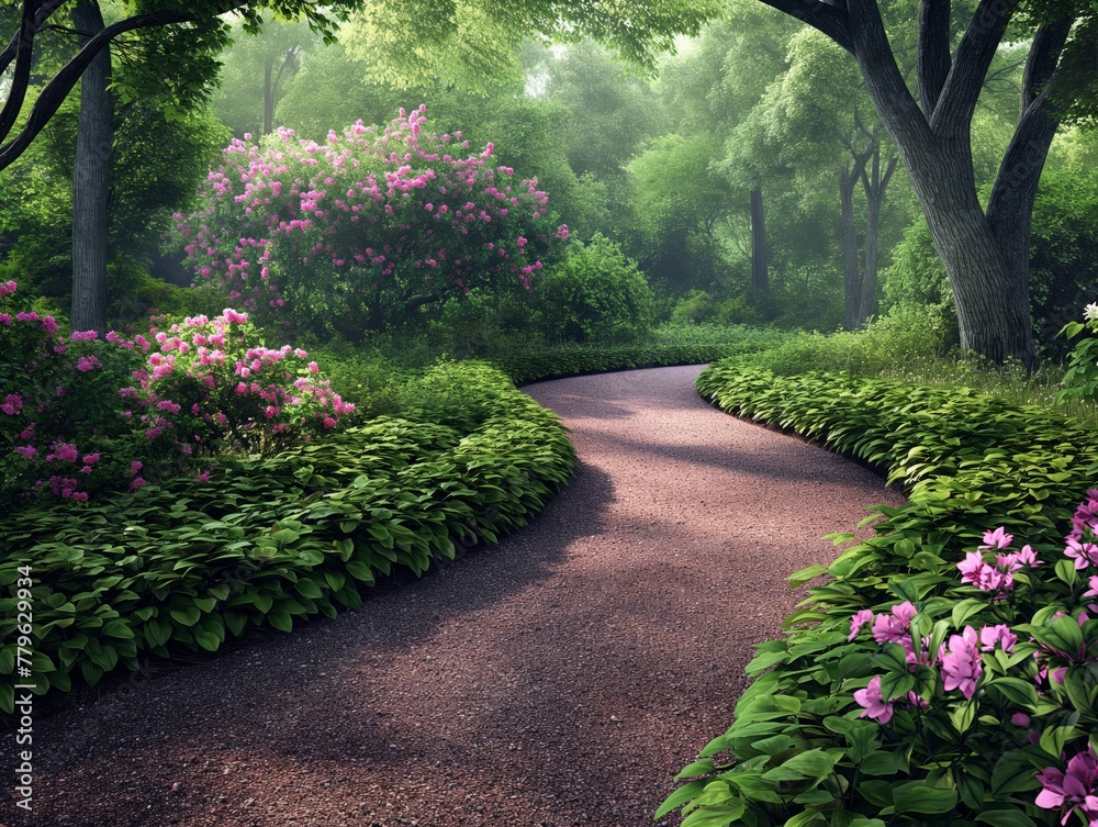 A path through a garden with pink flowers and green plants. The path is lined with shrubs and trees, and the flowers are in full bloom. The scene is peaceful and serene