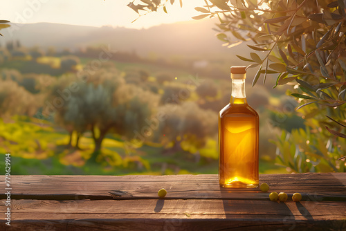 Golden olive oil bottles with olives leaves and fruits setup in the middle of rural olive field with morning sunshine