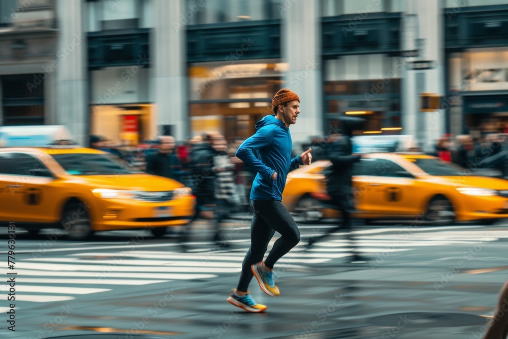 Runner navigating a busy downtown street, weaving through crowds and dodging yellow taxis