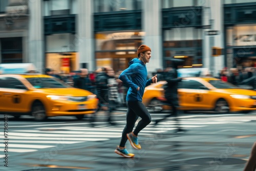 Runner navigating a busy downtown street, weaving through crowds and dodging yellow taxis