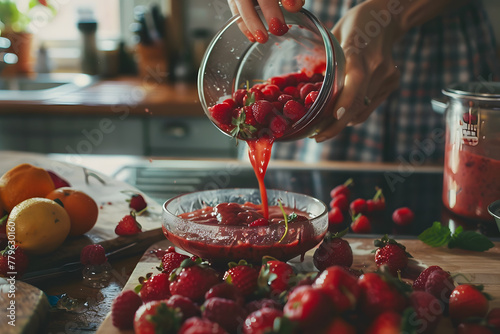 Make a smoothie with berries in the kitchen.