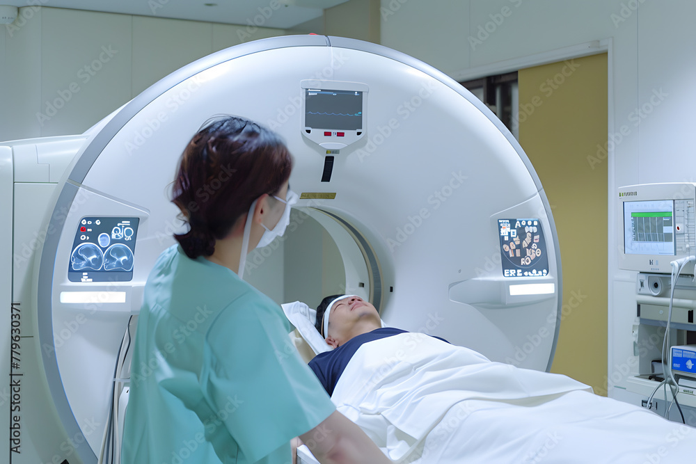 Image of a patient lying down undergoing a magnetic resonance imaging (MRI) scan. Image of a patient lying down undergoing a magnetic resonance imaging (MRI) scan.