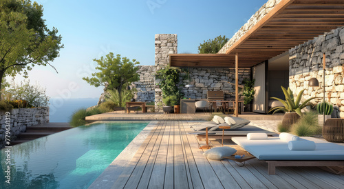 modern rooftop terrace with a pool and outdoor seating area  surrounded by wooden flooring and stone walls  featuring an open-air barbecue space under the shade of an umbrella.
