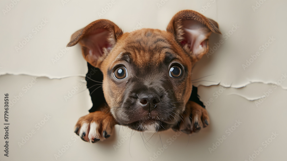 Cute puppy peeking through a hole on white paper wall Cute puppy peeking through a hole on white paper wall