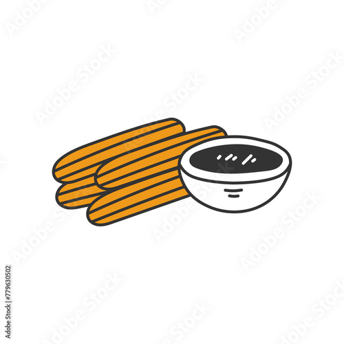 Churro with chocolate doodle vector illustration. Popular Spanish Portuguese Latin American cuisine dessert. Isolated on white background