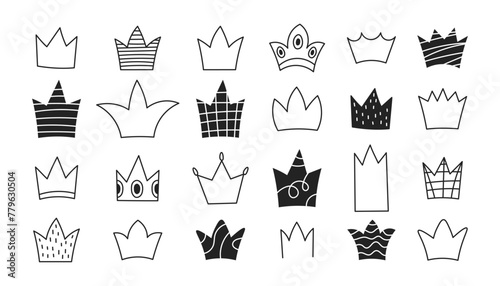 Crowns big doodle set. Hand drawn line royal head accessories. Luxury symbols and signs in sketch style. Vector illustration photo