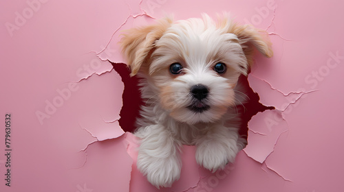 Cute puppy peeking through a hole on pink paper wall  photo