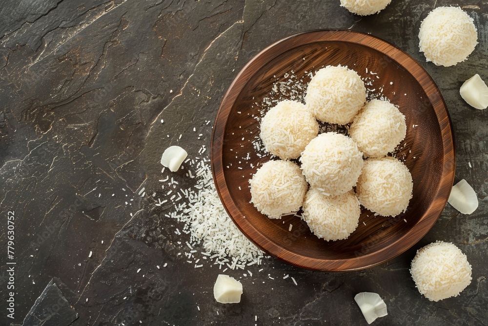 Overhead photo of coconut rum balls on small wooden plate on slate with natural lighting Selective focus Overhead photo of coconut rum balls on small wooden plate on slate with natural lighting Selective focus
