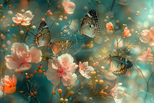 Abstract floral fantasia  butterflies in flight among blossoms of spring s rebirth
