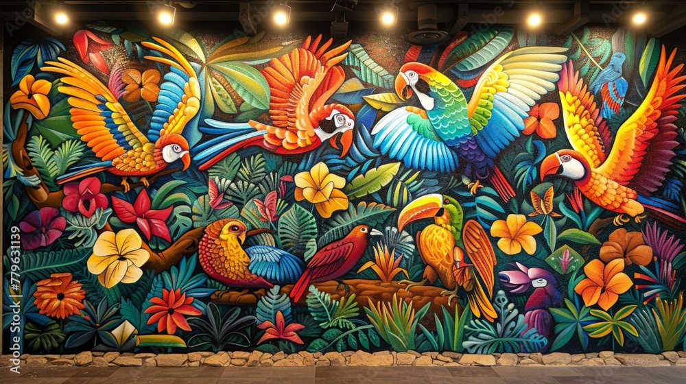 A mural of Amazonian lore, with vibrant birds in flight and fantastical beasts strolling
