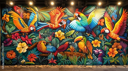 A mural of Amazonian lore  with vibrant birds in flight and fantastical beasts strolling