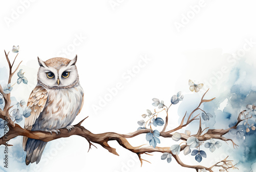 watercolor painting illustration of white owl on a branch for card photo