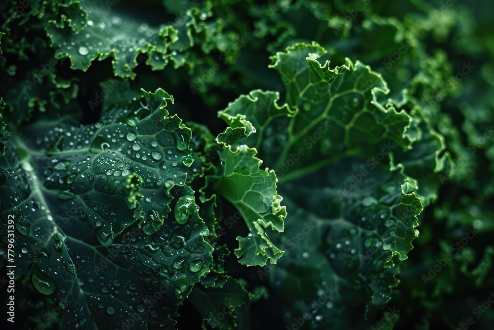 Kale leaves with droplets of water Kale leaves with droplets of water