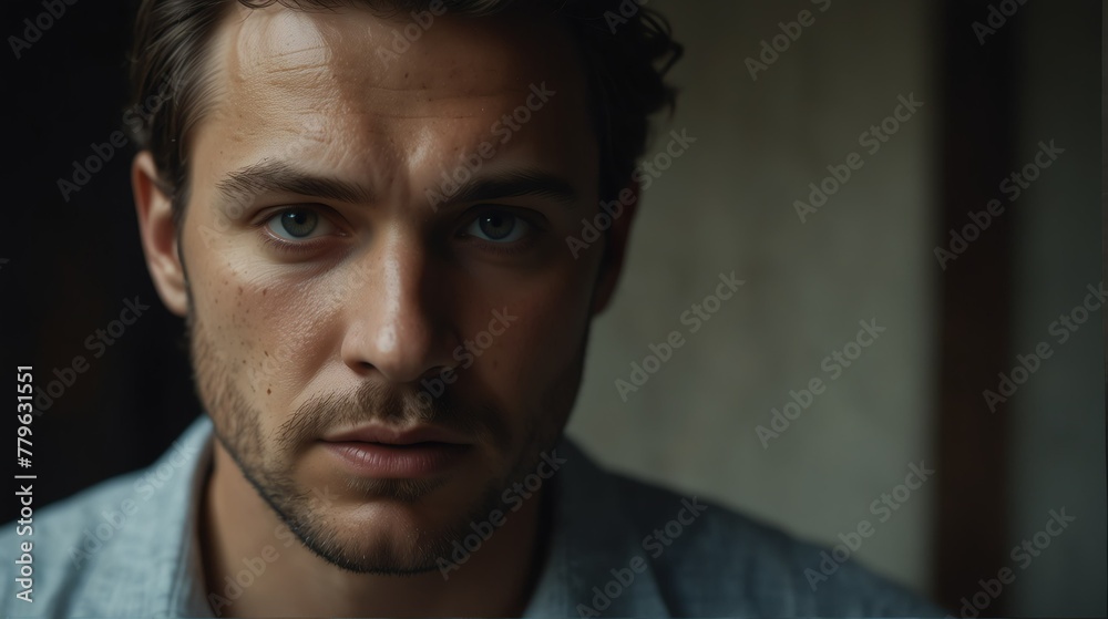 caucasian man serious intimate portrait looking at camera from Generative AI