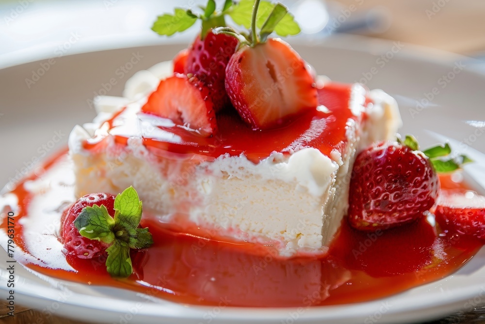 Peruvian Tres Leches Cake with strawberry sauce shot Peruvian Tres Leches Cake with strawberry sauce shot
